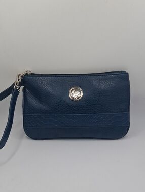 JM Collection Navy Textured Wristlet Clutch with Silver Emblem